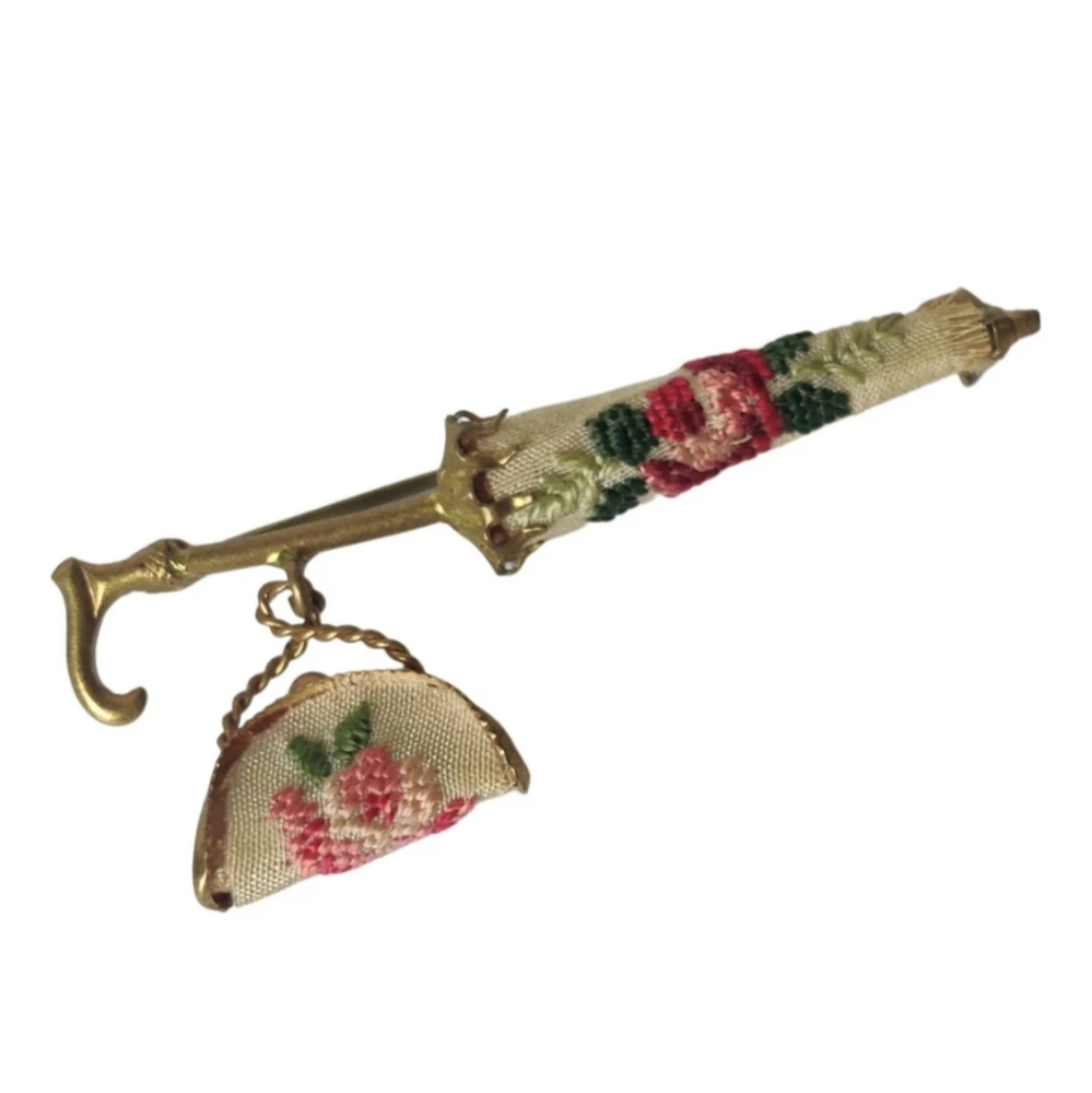 Vintage Parasol & Lady's Purse Brooch w/ Petit Point Embroidery - Picture 3 of 13